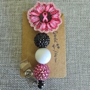Breast Cancer Awareness Pink Black Beaded Retractable Work Badge ID Reel Holder